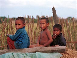 Three boys in a Tharu village, children from the woman in green, see next page.