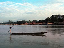 Crossing the river, view back on our hotel