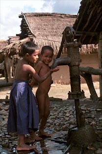 Kindertjes spelen in een klein Tharu dorpje, Chitwan National Park