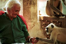 Old woman feeds monkeys