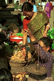 Net als in Bhaktapur begint de groentemarkt vroeg in de ochtend in het centrum, hier op Durbar Tole, Kathmandu.